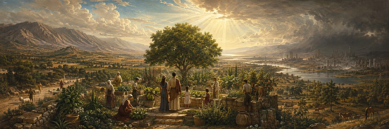 A faithful family tends a flourishing garden as distant ruins and an immense ordered sky suggest mercy and correction