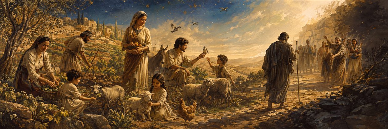 A family tends animals and the earth as a repentant traveler leaves a shadowed road and returns toward communal light