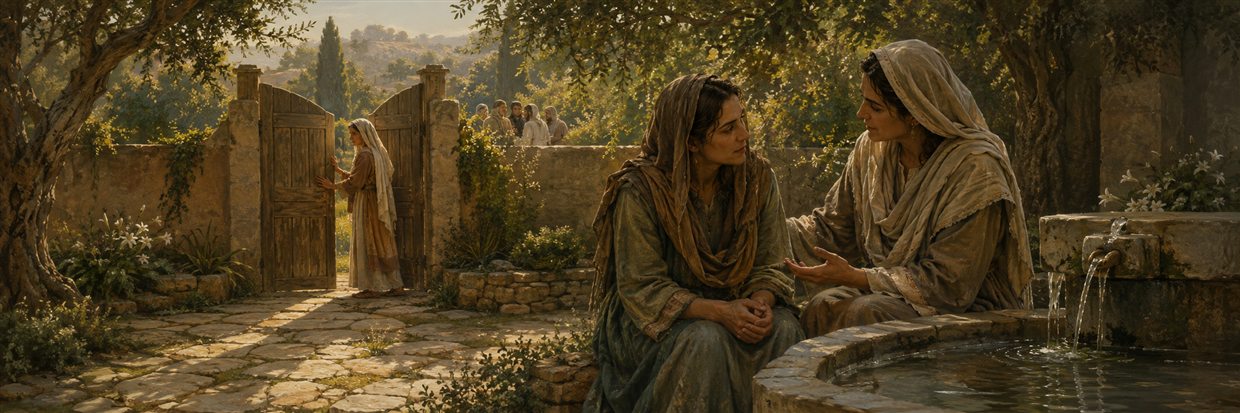 A thoughtful listener refuses a chain of whispers and speaks privately with a friend beside a clear flowing fountain