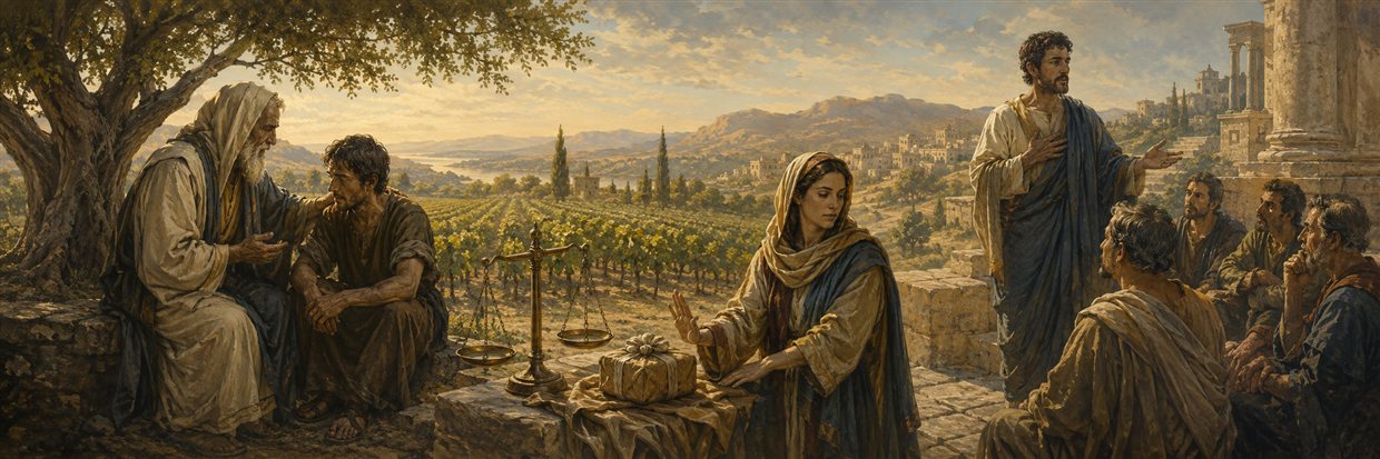 A wise teacher gently corrects a receptive worker as balanced scales stand beside a refused gift and cultivated field