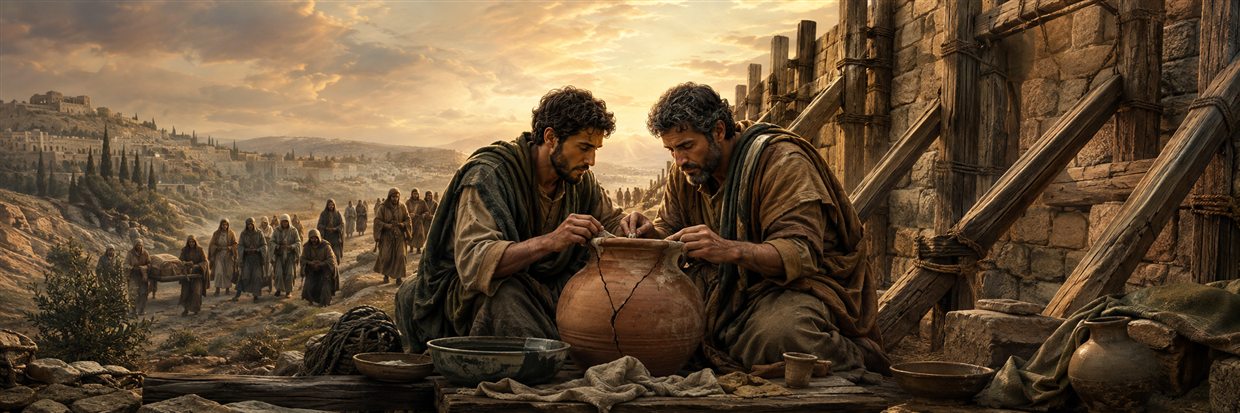 Two friends repair a cracked vessel beside a strongly braced wall as a quiet mourning procession passes in the distance