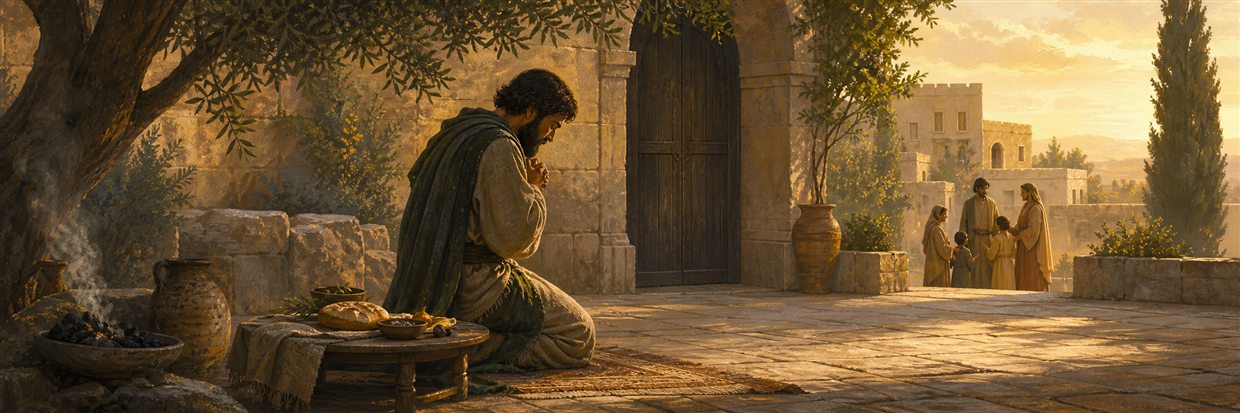 A worshiper kneels at dawn beside cooled coals while a faithful household gathers peacefully in the background