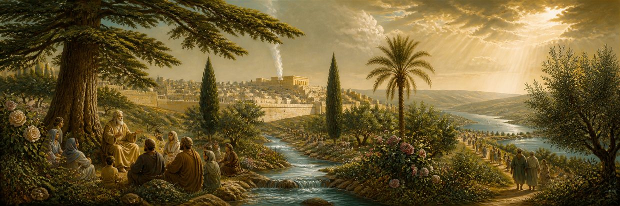 A cedar and fruitful olive shelter an ancient city while a garden stream widens into a river flowing across the land