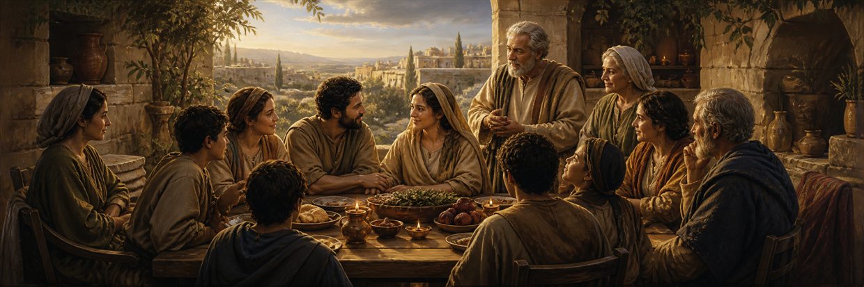 Siblings, neighbors, and a married couple share a peaceful table as experienced elders offer thoughtful counsel