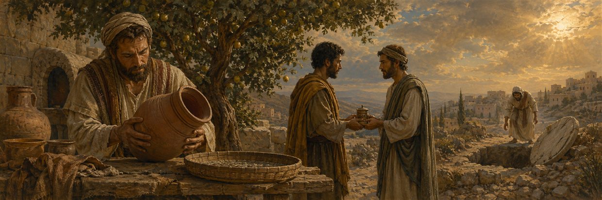 A potter tests a fired vessel as two friends protect a sealed container and a distant trap closes on its maker