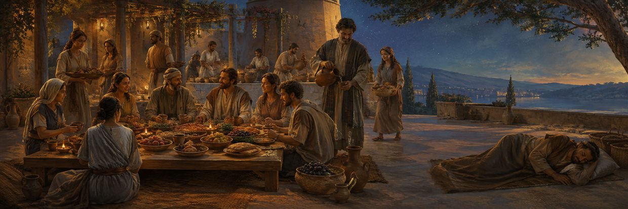 A generous host serves a varied table while eating and drinking moderately among relaxed guests and resting workers