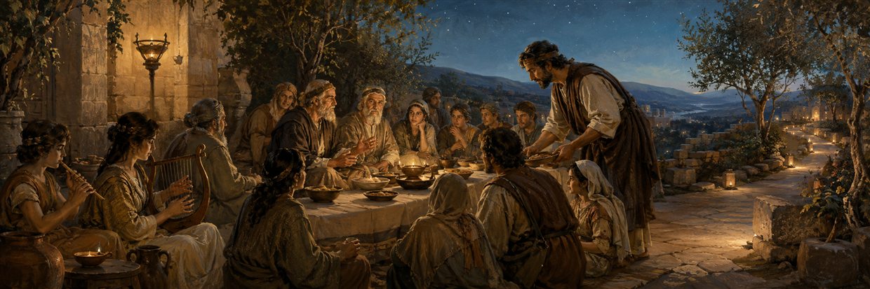 A humble feast leader serves guests as musicians play and elders and younger people listen attentively to one another