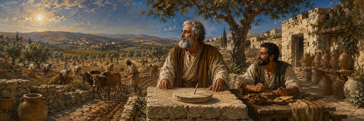 A wise householder observes the seasons while sharing work and food respectfully with family and a dependent laborer