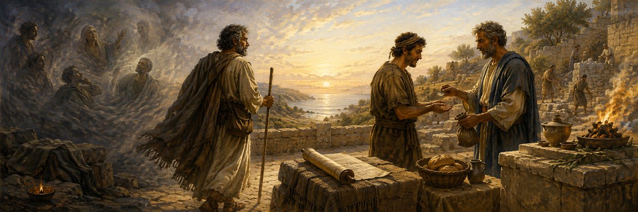 A seasoned traveler leaves shadowy dream images and joins an honest worker receiving fair wages near a humble altar