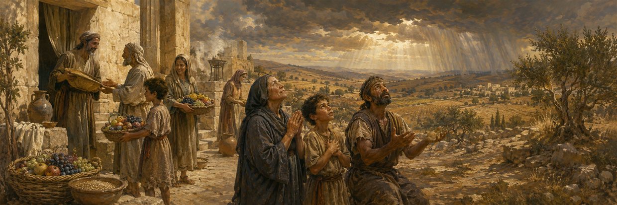 A family offers firstfruits cheerfully while a widow, an orphan, and a laborer pray as merciful rain gathers overhead
