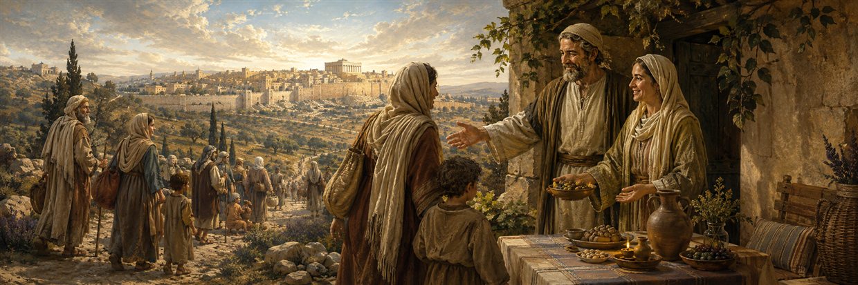 Scattered families journey toward Jerusalem as a kind married couple welcomes travelers to a sheltered household table
