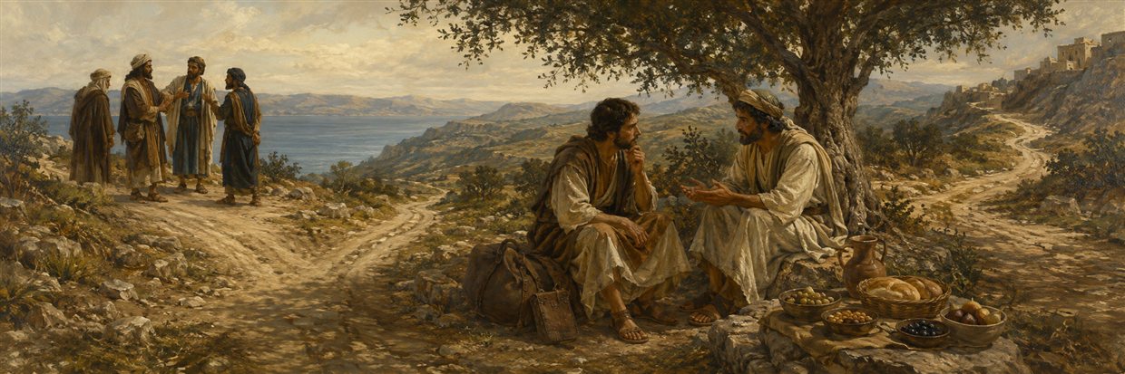 A traveler consults a proven faithful friend in prayer before choosing a road and eating a modest nourishing meal
