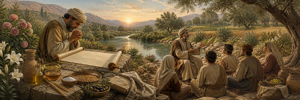 A scholar prays over a blank scroll at dawn as a river nourishes lilies, grain, and a flourishing landscape