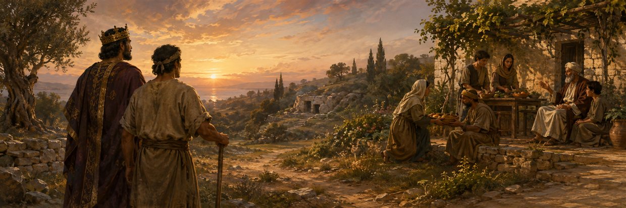 A ruler and laborer stand beneath one fading sky while a generous household shares counsel in a fruitful garden