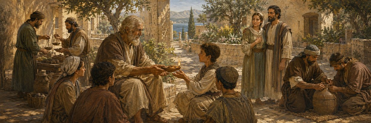 An elder passes a lamp to young learners as neighbors practice honest trade, marital fidelity, and confidential friendship