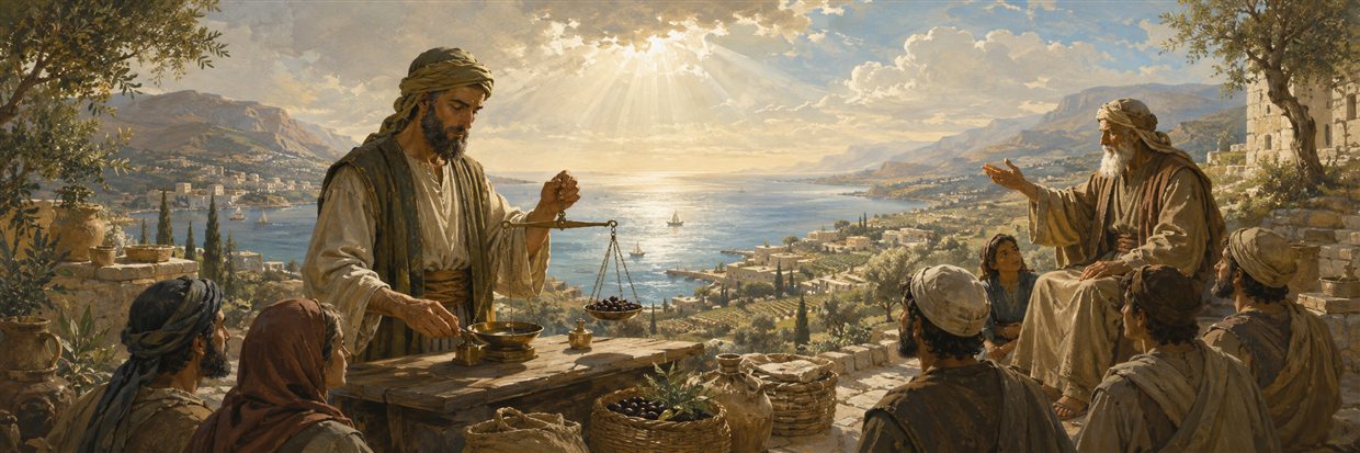 A merchant uses fair scales before gathered neighbors as sunlight reveals a vast and harmonious created landscape