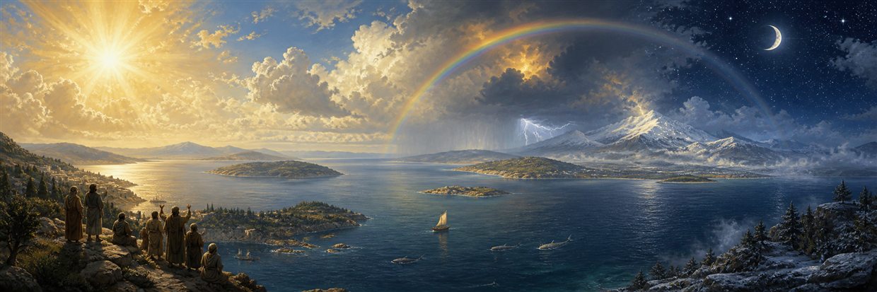 Sun, moon, stars, rainbow, storm clouds, snow, and mist fill the sky above a small ship on a vast living sea