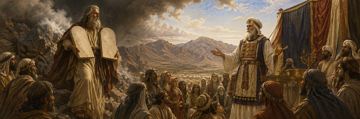 Moses carries unmarked stone tablets from a clouded mountain as Aaron serves the gathered people in priestly garments