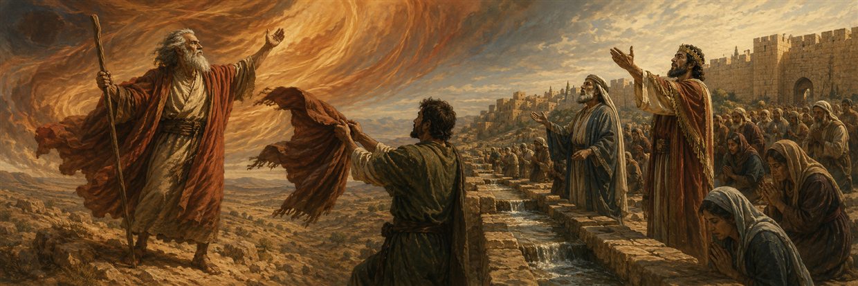 Elijah stands boldly beneath a storm while Elisha, Hezekiah, and Isaiah lead Jerusalem's people in prayer beside flowing water