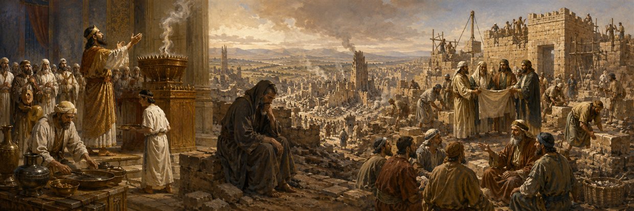Josiah leads renewed worship while Jeremiah mourns ruins and later leaders rebuild Jerusalem's temple, walls, and gates