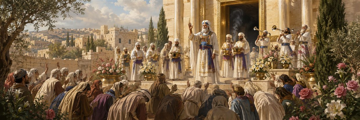 Simon the high priest leads worship as priests, silver trumpeters, singers, and a gathered congregation receive a blessing