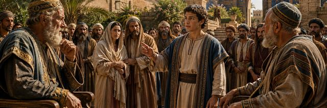 Young Daniel questions two elderly judges as Susanna and the gathered assembly await the truth