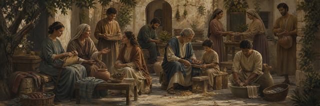 Older and younger women and men teaching, serving, and working together in a first-century courtyard