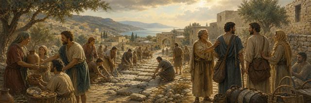 Cretan neighbors repairing a stone road, sharing provisions, and blessing two departing travelers