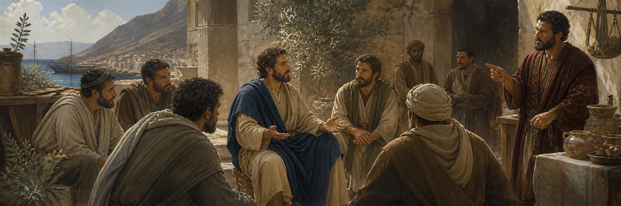 Titus and Cretan believers discussing humble leaders while a contentious merchant is redirected
