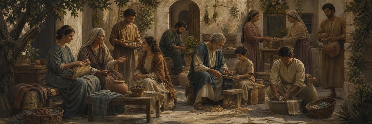 Older and younger women and men teaching, serving, and working together in a first-century courtyard