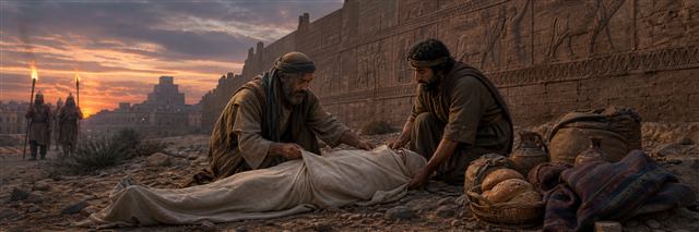 Tobit and a helper respectfully wrap an abandoned Israelite for burial outside the walls of Nineveh