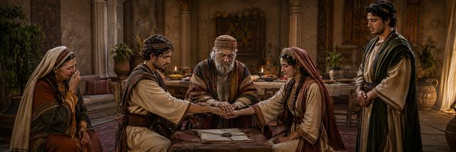 Raguel joins the hands of Tobias and Sarah in marriage while Edna and Raphael witness their covenant