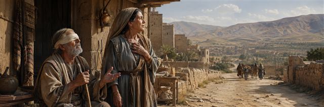 Anna watches the distant road for Tobias while blind Tobit sits beside her offering reassurance