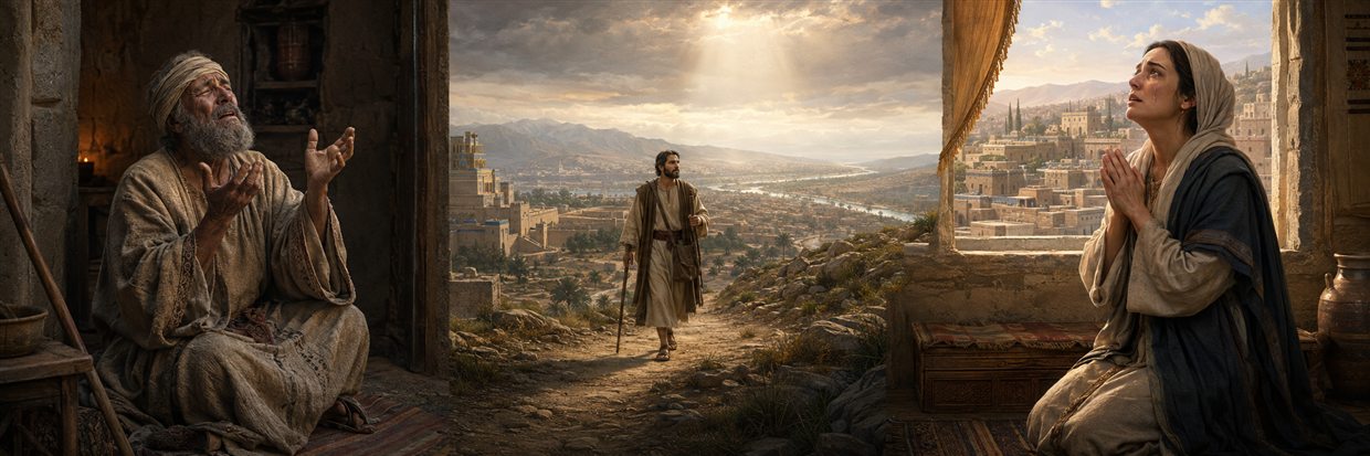 Blind Tobit and Sarah pray in separate homes while Raphael begins the journey that will bring healing