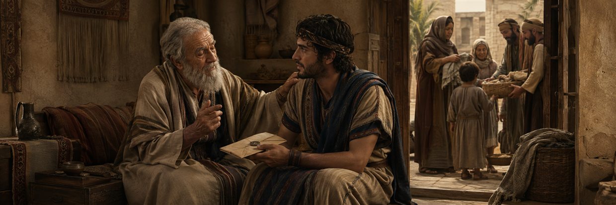 Blind Tobit counsels his son and places the sealed record of money entrusted in Media into his hand