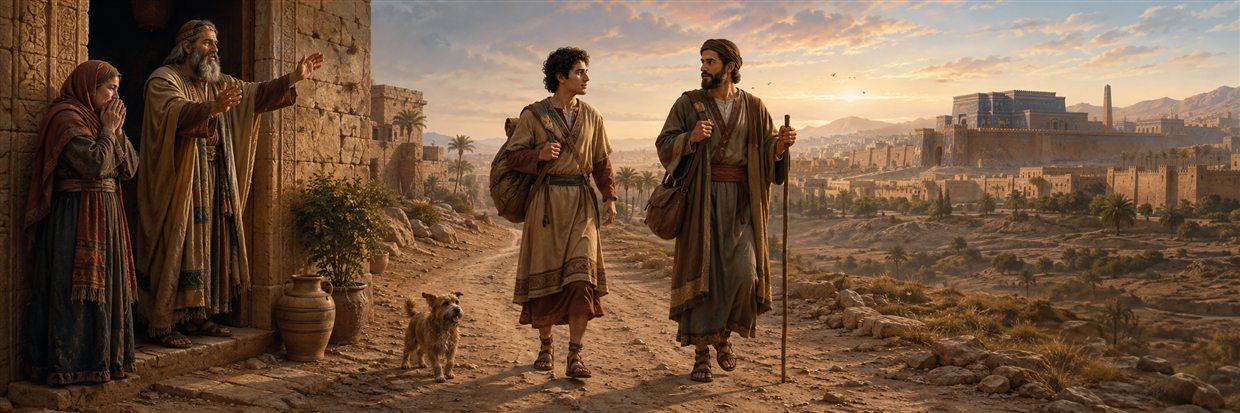 Tobias sets out from Nineveh beside Raphael and his dog as his parents bless their journey