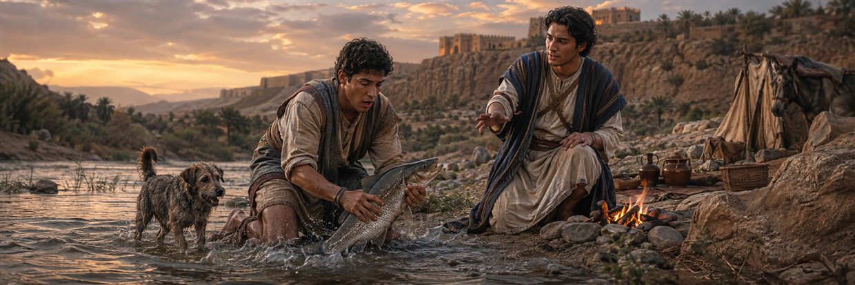 Tobias grips a large fish at the Tigris River as Raphael explains how it will bring healing
