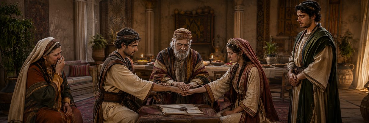 Raguel joins the hands of Tobias and Sarah in marriage while Edna and Raphael witness their covenant
