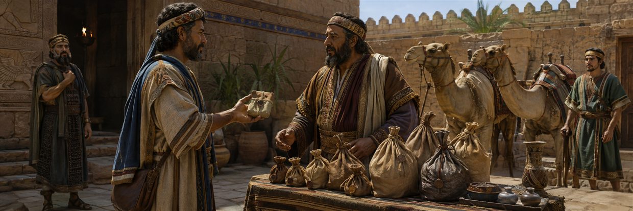 Raphael shows Gabael the sealed deposit record as tied money bags and camels await their return