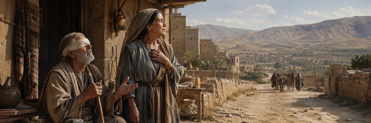 Anna watches the distant road for Tobias while blind Tobit sits beside her offering reassurance