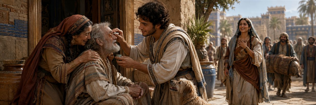 Tobias applies the healing remedy to Tobit's eyes as Anna embraces them and Sarah arrives