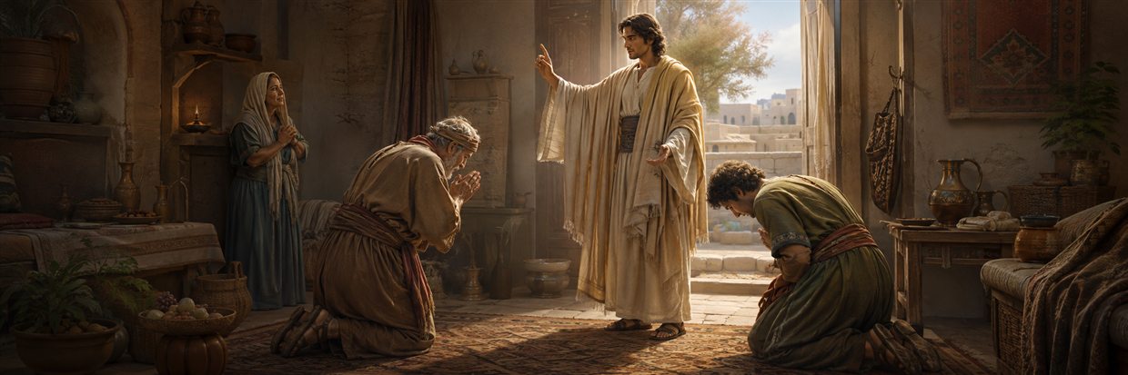 Raphael raises a reassuring hand as Tobit and Tobias bow after learning their guide is an angel
