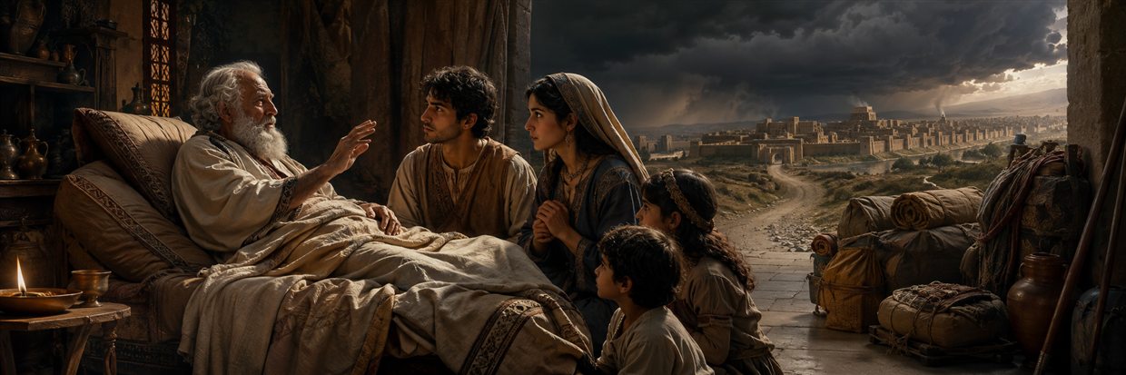 The aged Tobit blesses Tobias, Sarah, and their children as they prepare to leave Nineveh