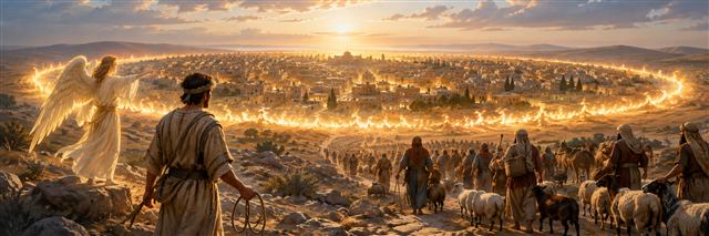 A surveyor holds a measuring cord above an overflowing Jerusalem encircled by protective fire as returning families and livestock approach