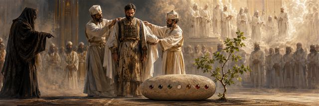 Attendants replace Joshua's stained priestly robes as an accuser watches beside a smooth stone bearing seven inset jewels and a green shoot
