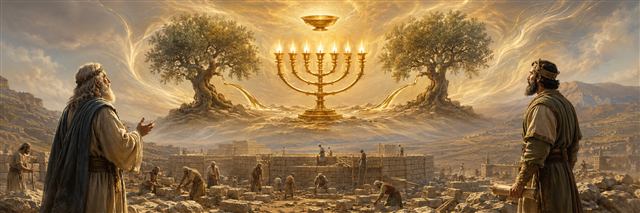 A golden lampstand with seven flames and a bowl stands between two olive trees above Zerubbabel and workers rebuilding the temple