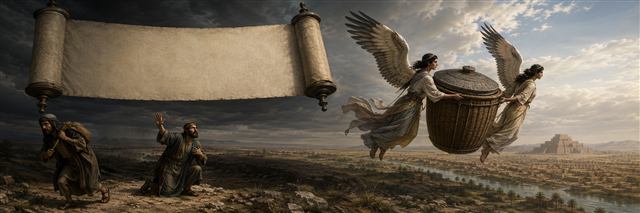 A huge blank scroll flies above the land while two stork-winged women carry a sealed grain basket toward distant Shinar