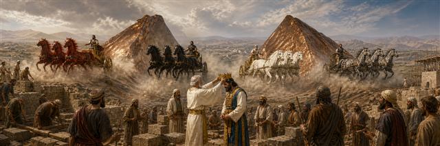 Four chariots drawn by red, black, white, and dappled horses emerge between bronze mountains as Joshua receives a crown below