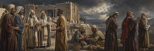 Zechariah speaks with fasting delegates near the rebuilt temple as a man helps a poor mother and child while stubborn leaders turn away