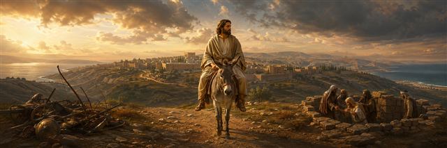 A humble king rides a single donkey toward Jerusalem as broken chariots lie aside and prisoners climb from a dry stone pit